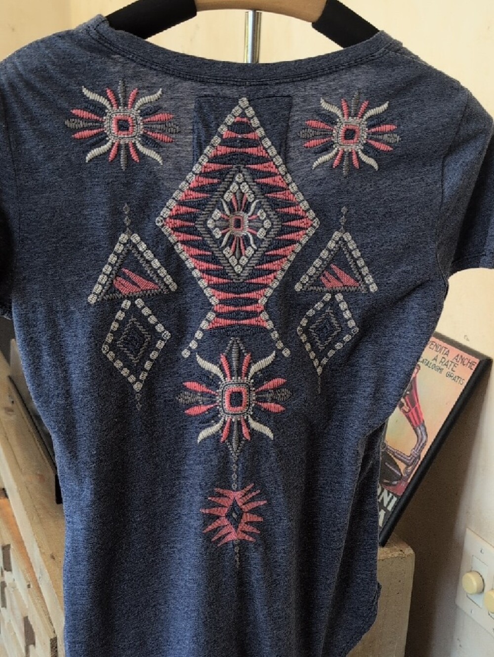 Johnny Was Blue Joy Love Light  Embroidered Tee with Pink & White Accents - Picture 7 of 9